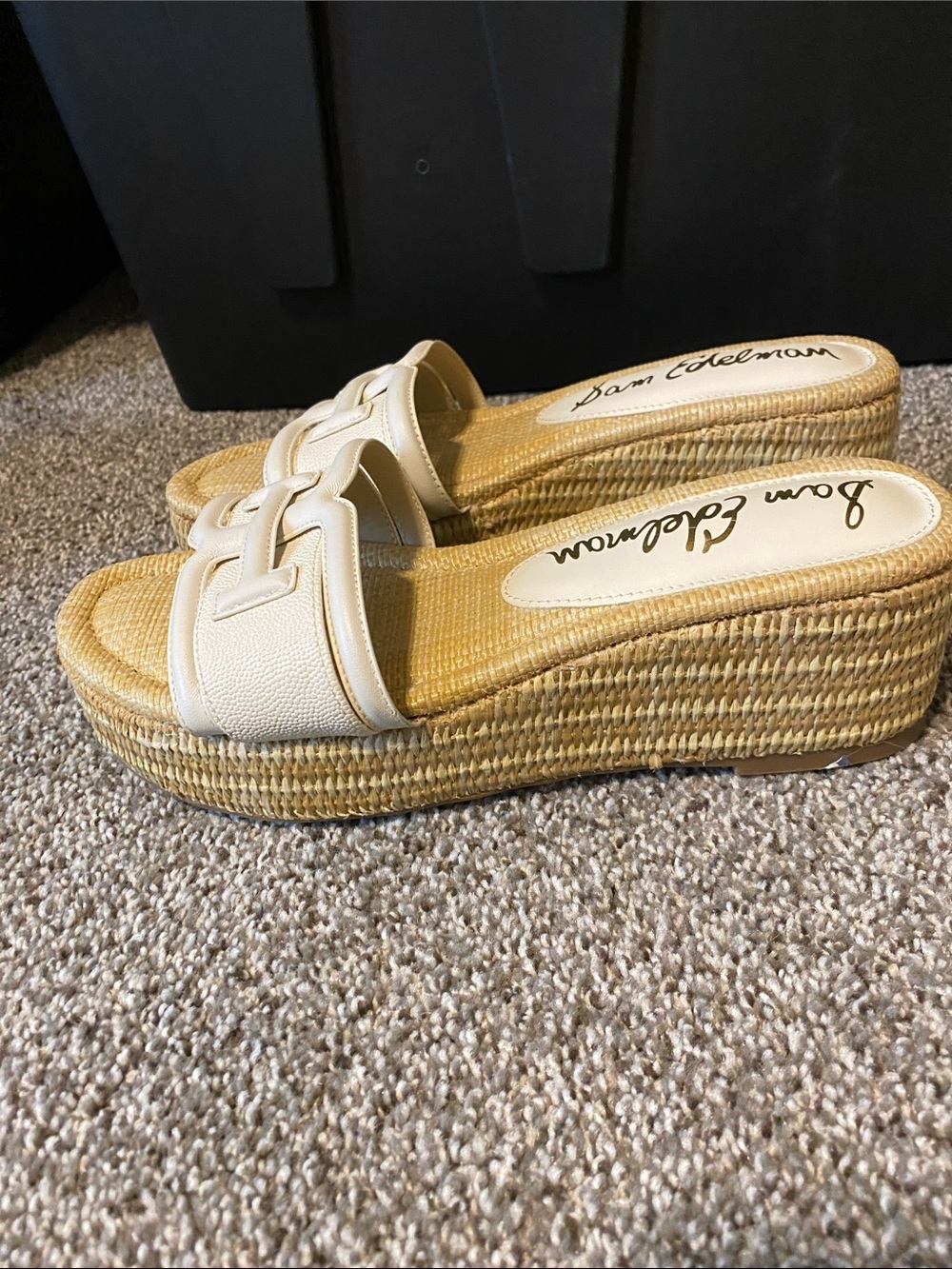 Sam Edelman White Leather Raffia Platform Slides - Picture 3 of 10